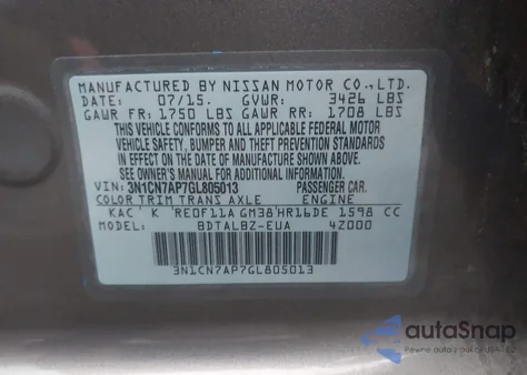 2016 Nissan Versa 1.6 S/1.6 S+/1.6 Sl/1.6 Sv из США, поврежденный, VIN 3N1CN7AP7GL805013